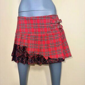 VINTAGE ARDEN B. TARTAN AND LACE PLEATED MINI-SKIRT